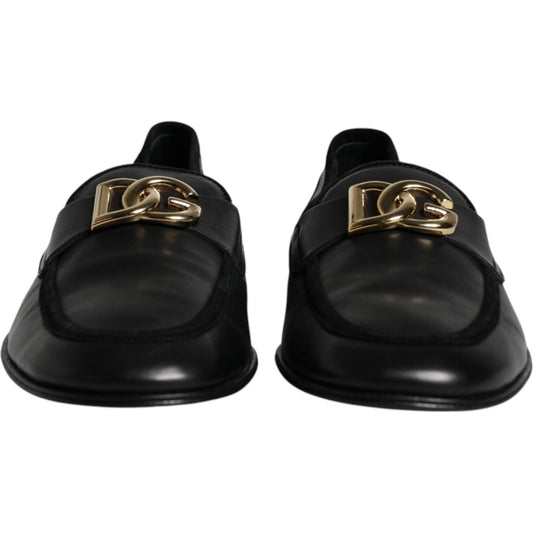 Dolce & Gabbana Black Leather Logo Slip On Loafers Shoes