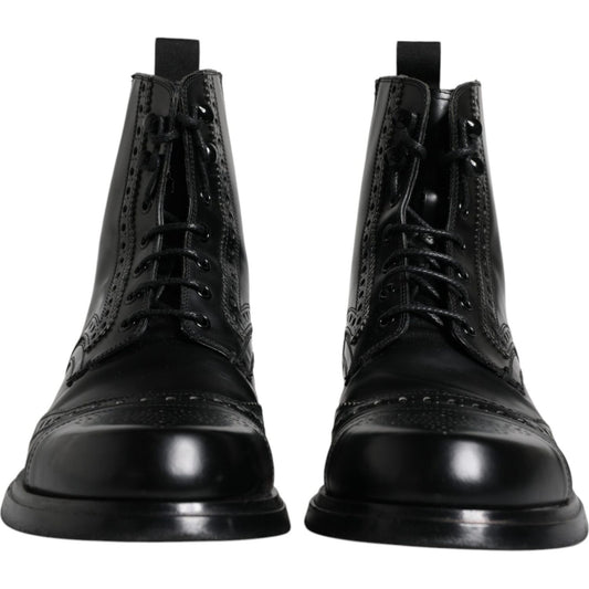 Dolce & Gabbana Black Leather Lace Up Mid Calf Boots Shoes