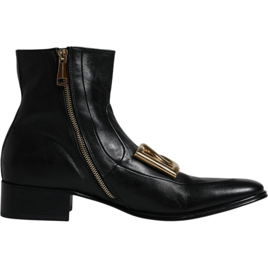 Dolce & Gabbana Black Nappa Leather Logo Ankle Boots Shoes