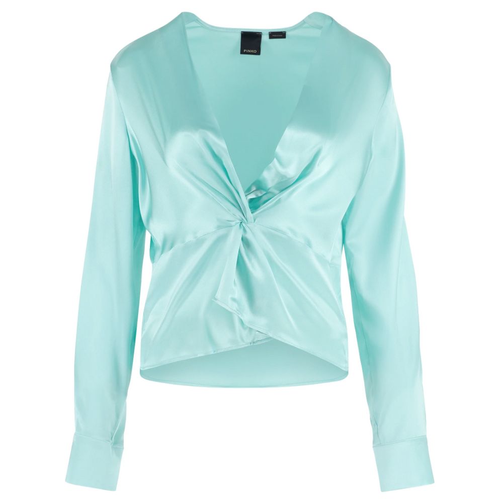 PINKO Green Silk Women Blouse with Deep V-Neck and Cuff Sleeves PINKO