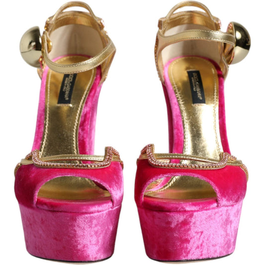 Dolce & Gabbana Pink Velvet Platform Ankle Strap Heel Sandals Shoes