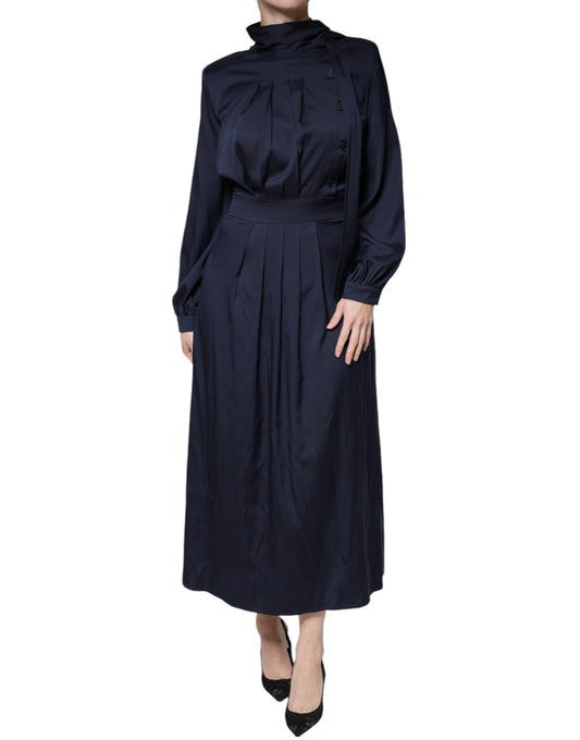 Ballantyne Dark Blue Long Sleeves Pleated A-line Maxi Dress Ballantyne