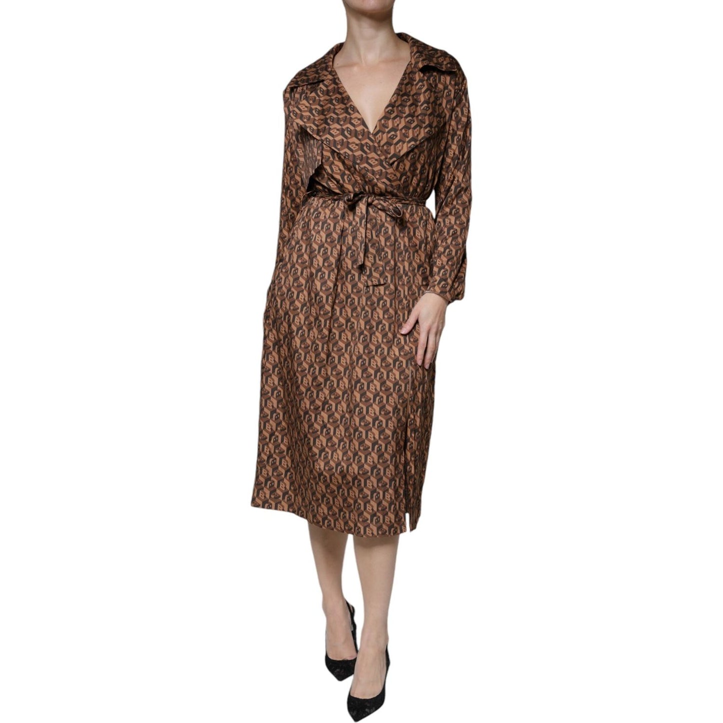 Ballantyne Brown Printed Long Sleeves V-neck Wrap Midi Dress Ballantyne