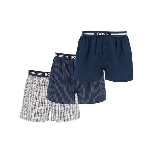 Boss set 3 boxer uomo cotone blu scuro righe quadretti vita elastica aw2024