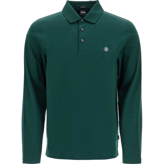 Boss men's long sleeve slim fit cotton polo green Topwear Boss