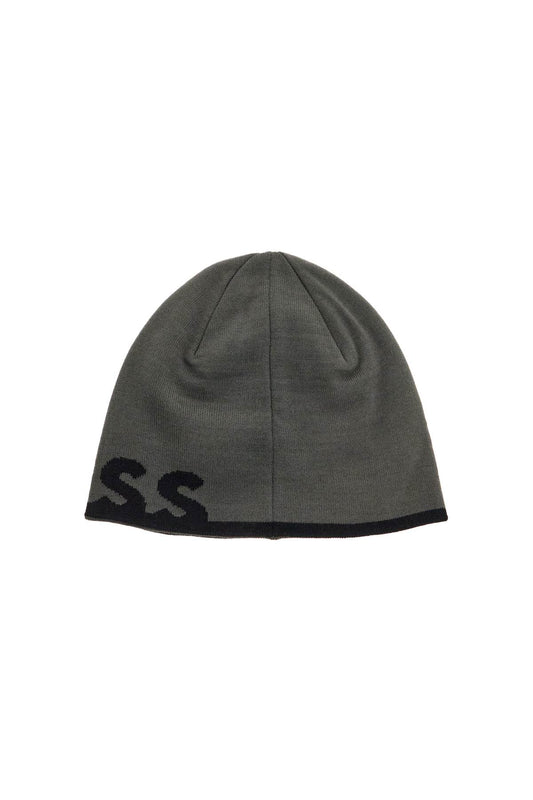 Boss elegant dark gray wool and acrylic beanie with contrasting logo Scarves Hats & Gloves Boss