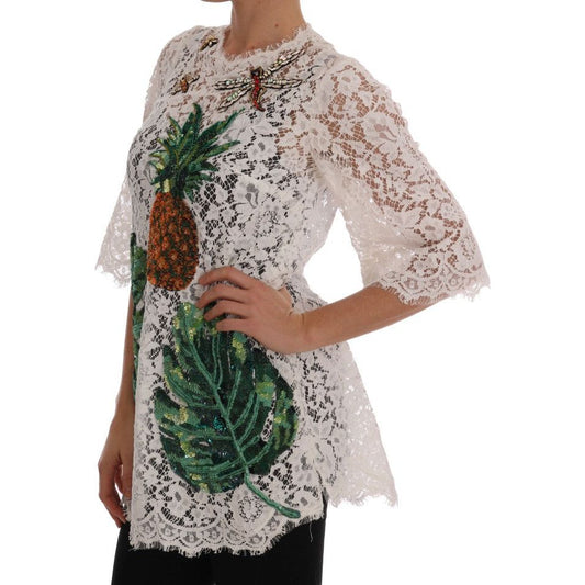 Dolce & Gabbana Elegant White Lace Embellished Mini Blouse Dolce & Gabbana