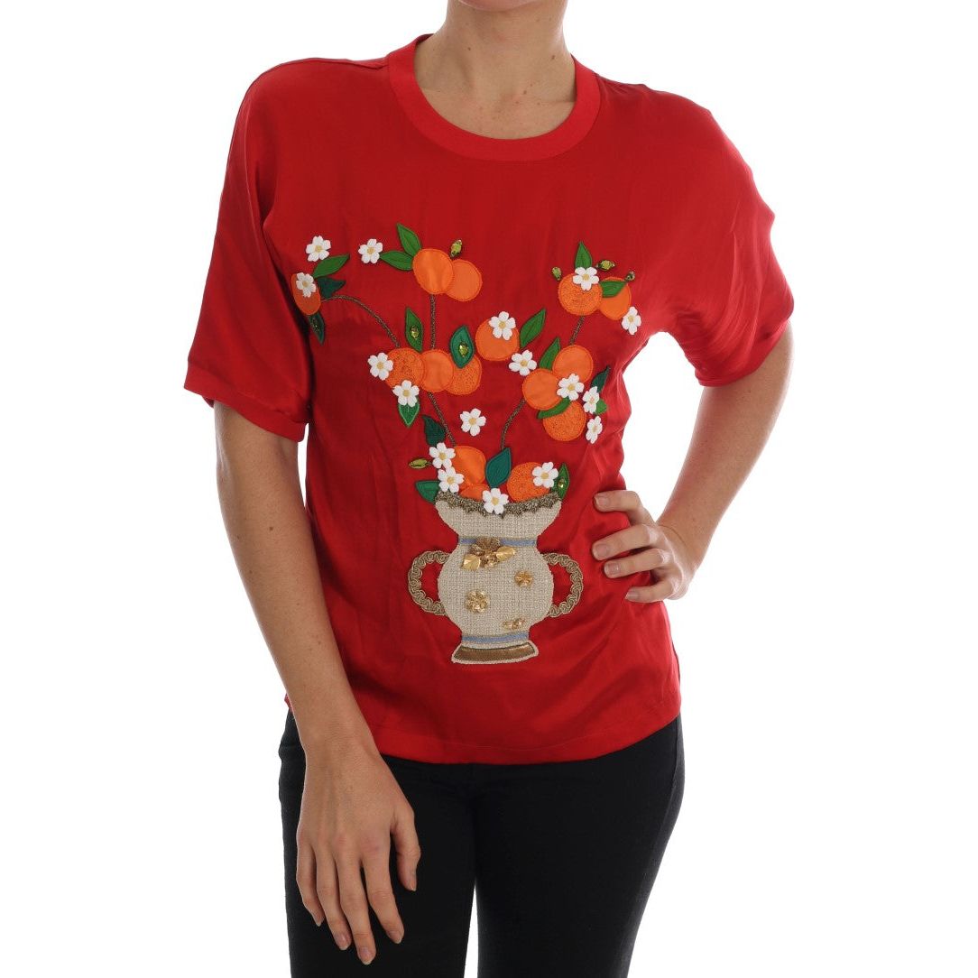 Dolce & Gabbana Red Silk Floral Embroidered Elegance Top Dolce & Gabbana