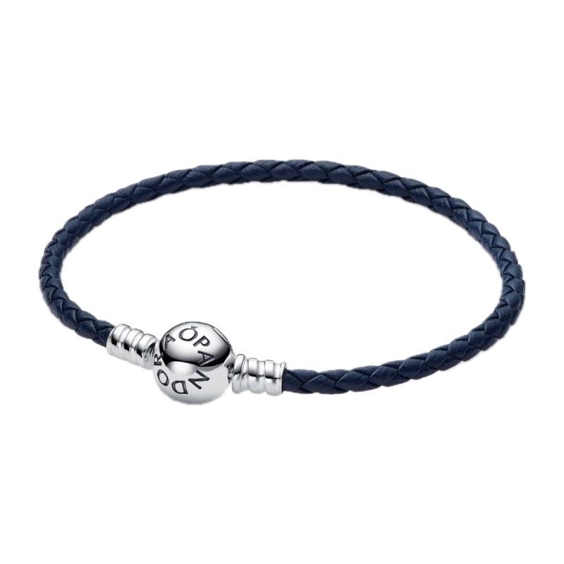 PANDORA MOMENTS COLLECTION Mod. ROUND CLASP BLUE BRAIDED LEATHER BRACELET Bracelet PANDORA