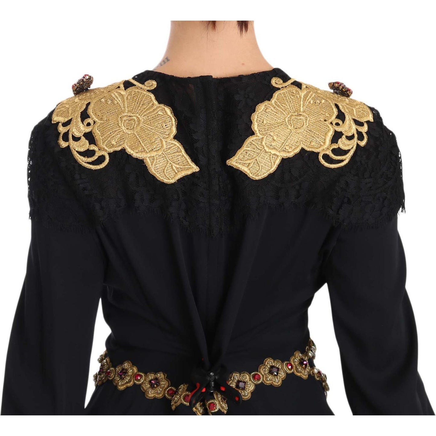 Dolce & Gabbana Elegant Maxi Black Dress with Gold Detailing Dolce & Gabbana