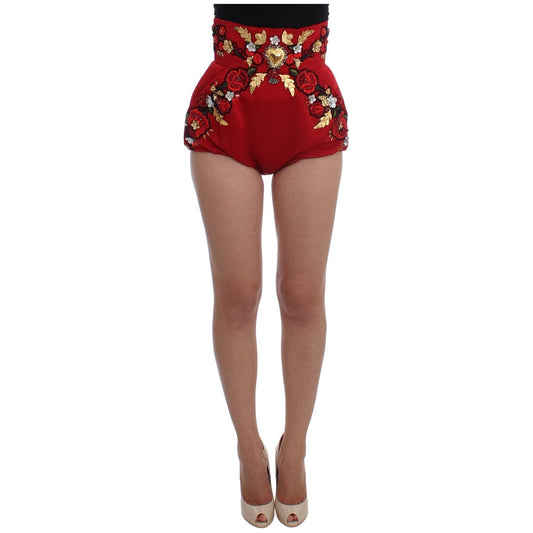 Dolce & Gabbana Red Silk Crystal-Embellished High Waist Shorts Dolce & Gabbana