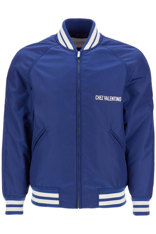 Valentino Garavani blue bomber jacket in printed polyamide with zip and high collar Jackets Valentino Garavani