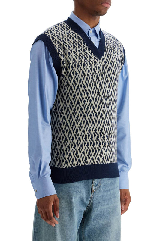 Valentino Garavani men's navy virgin wool vest with pattern Jackets Valentino Garavani