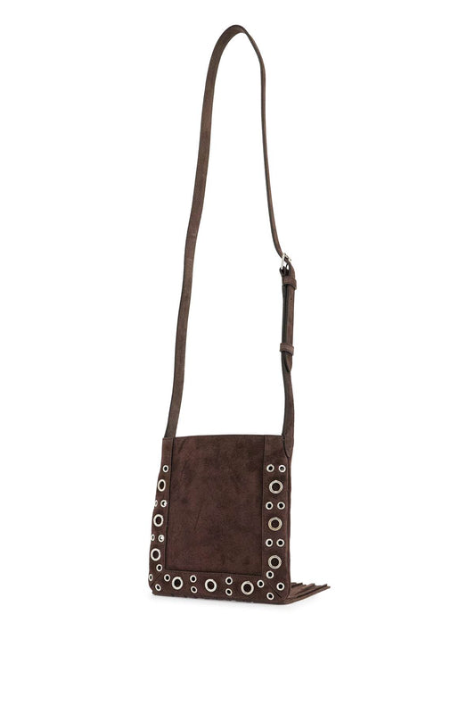 Valentino Garavani small suede crossbody bag in dark brown with studs and fringe