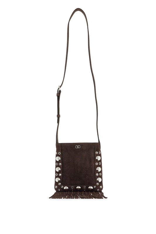 Valentino Garavani small suede crossbody bag in dark brown with studs and fringe Handbag Valentino Garavani