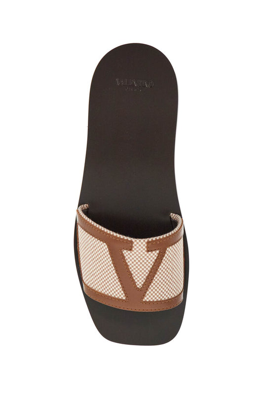 Valentino Garavani women's slippers in natural fabric and leather/tobacco with wide check pattern strap Sandals Valentino Garavani