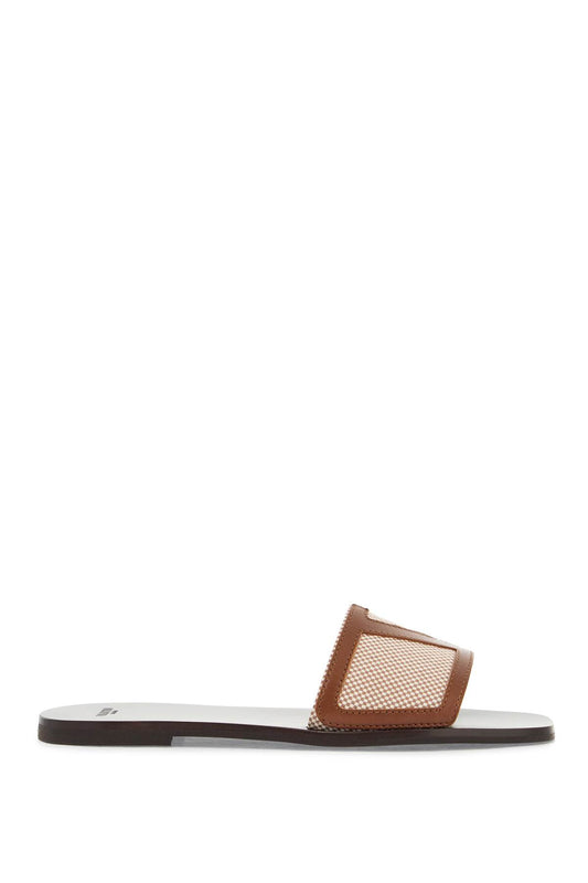 Valentino Garavani women's slippers in natural fabric and leather/tobacco with wide check pattern strap Sandals Valentino Garavani