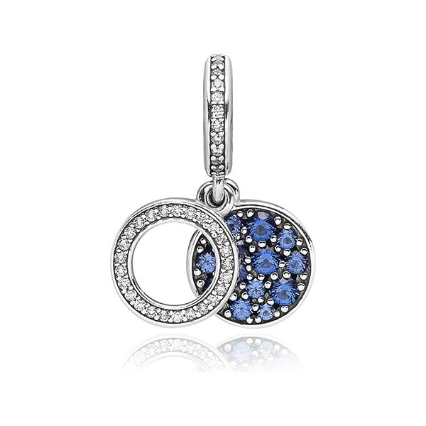 PANDORA CHARMS Mod. SPARKLING BLUE DISC DOUBLE DANGLE DESIGNER FASHION JEWELLERY PANDORA