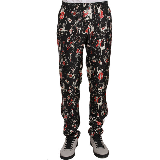 Dolce & Gabbana Elegant Black Silk Lounge Pants with Red Print Dolce & Gabbana