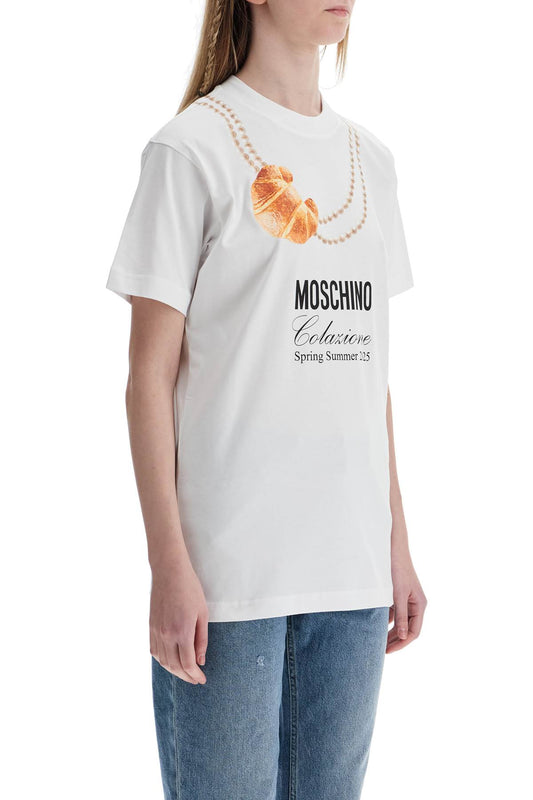 Moschino white cotton t-shirt with croissant and pearls print Topwear Moschino