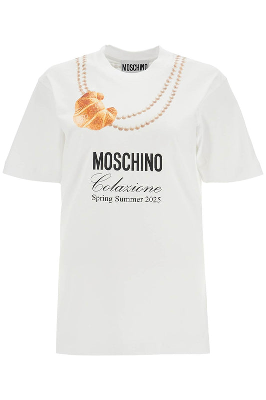 Moschino white cotton t-shirt with croissant and pearls print Topwear Moschino