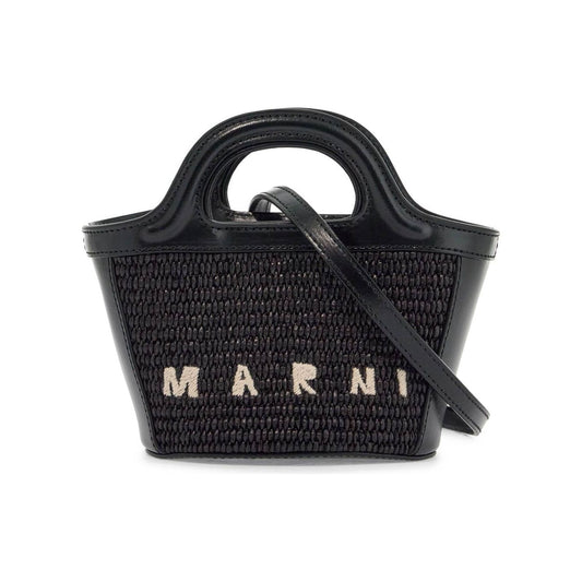 Marni black woven cotton and nylon handbag with leather details and removable shoulder strap