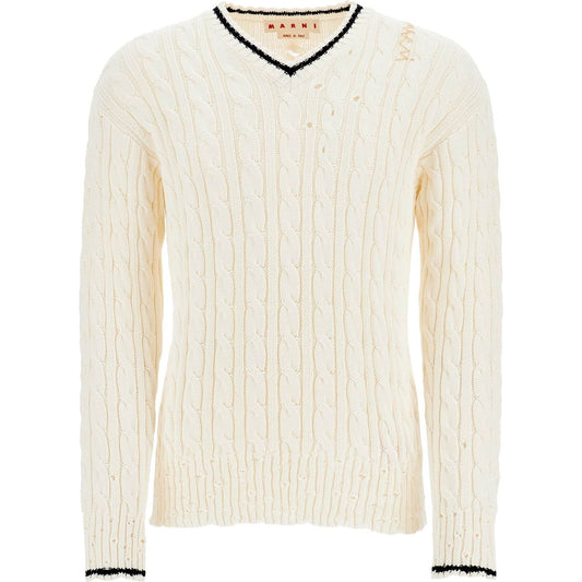 Marni white cotton sweater with cable knit v-neck