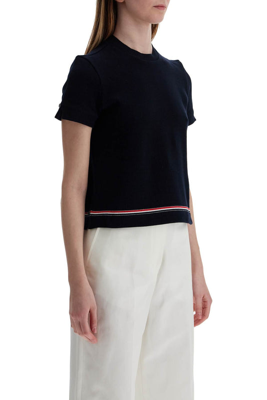 Thom Browne navy blue piqué cotton t-shirt with tricolor stripe Topwear Thom Browne