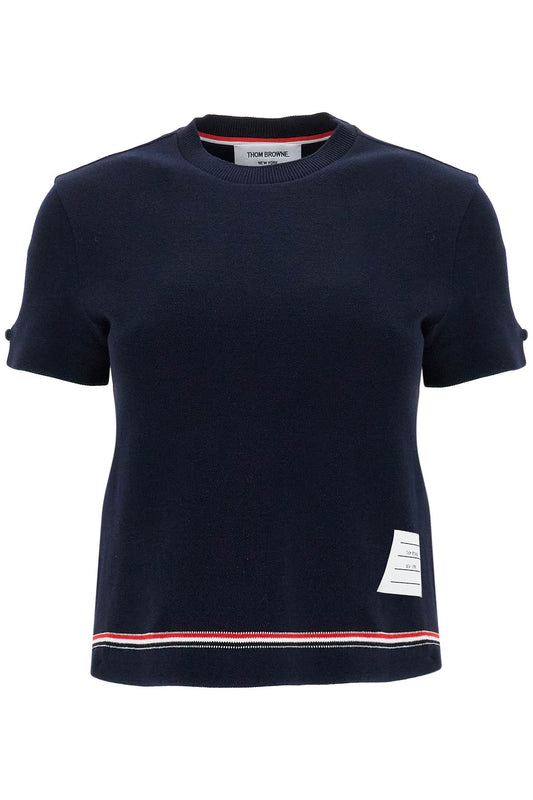 Thom Browne navy blue piqué cotton t-shirt with tricolor stripe Topwear Thom Browne