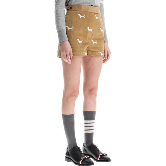 Thom Browne khaki corduroy shorts with white dog pattern