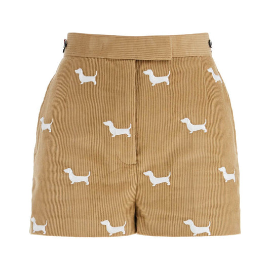 Thom Browne khaki corduroy shorts with white dog pattern