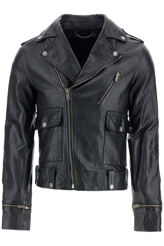 Golden Goose black waxed leather biker jacket with zip Jackets Golden Goose