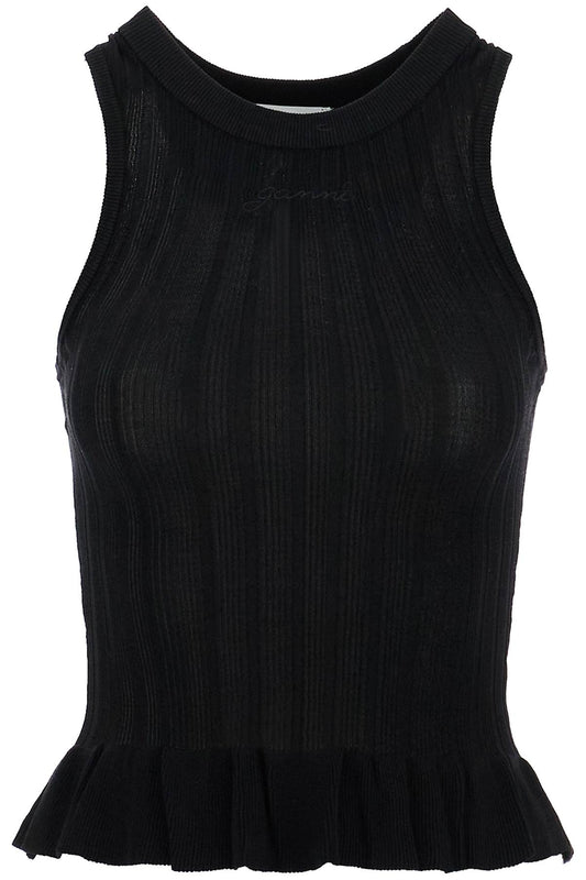 Ganni ribbed knit tank top with spaghetti straps Topwear Ganni