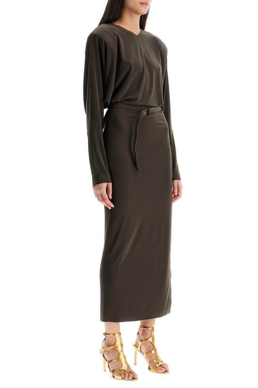 Norma Kamali brown midi slim long dress with v-neck and side slit Dresses Norma Kamali