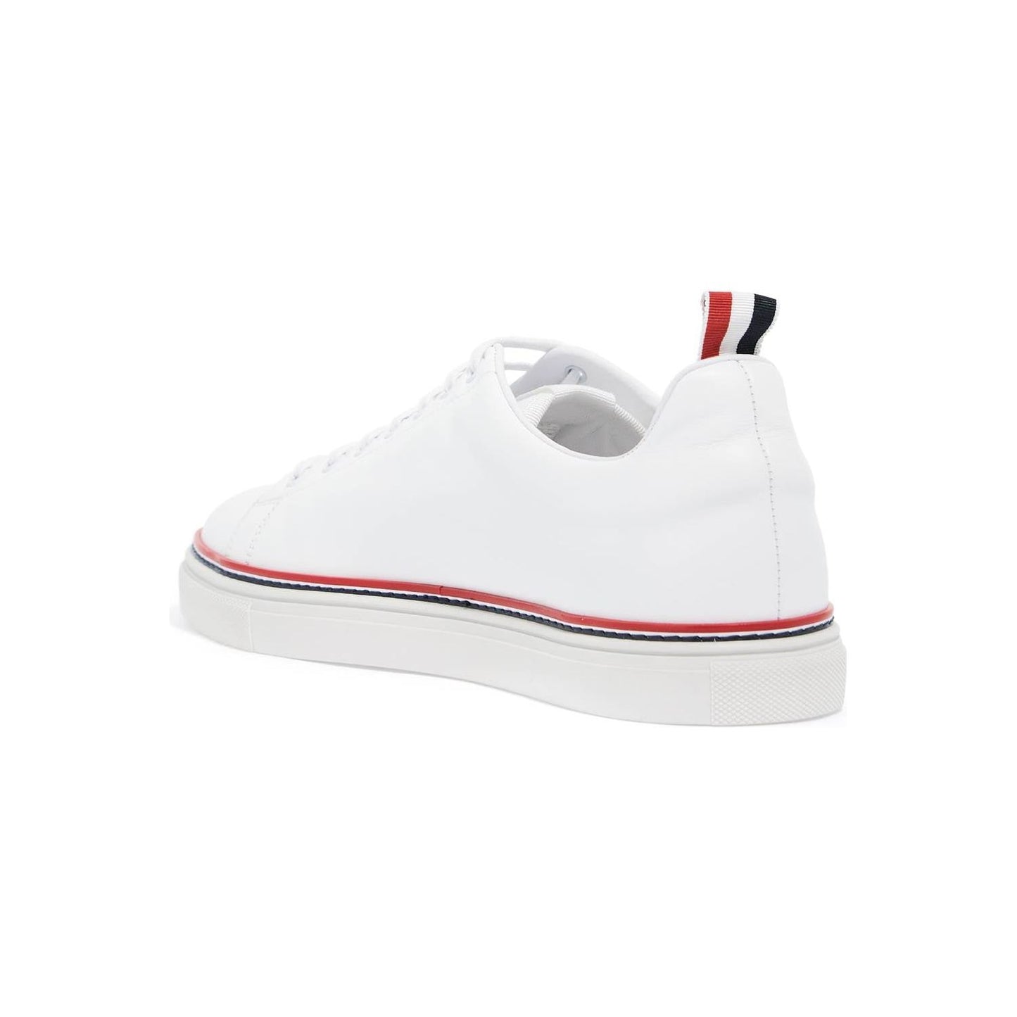 Thom Browne smooth leather sneakers with tricolor detail.