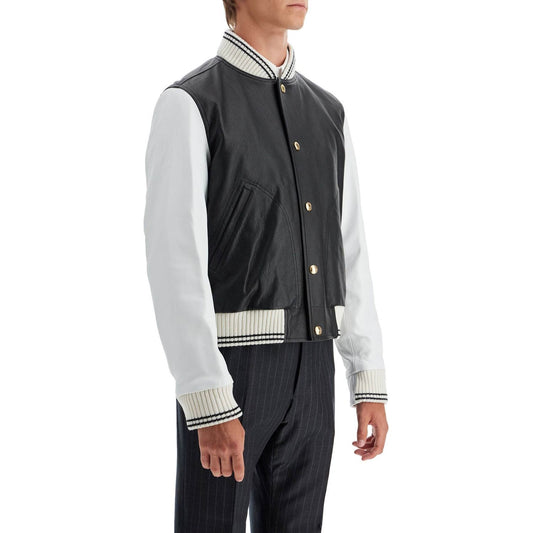 Thom Browne leather varsity bomber jacket