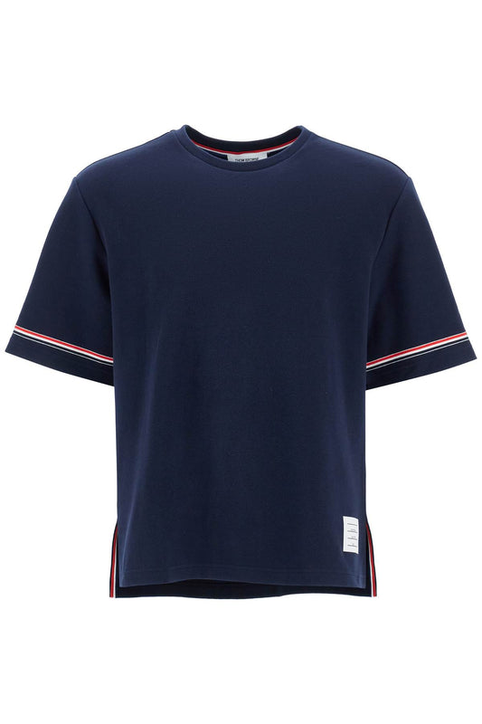 Thom Browne navy blue striped cotton t-shirt with wide neck Topwear Thom Browne