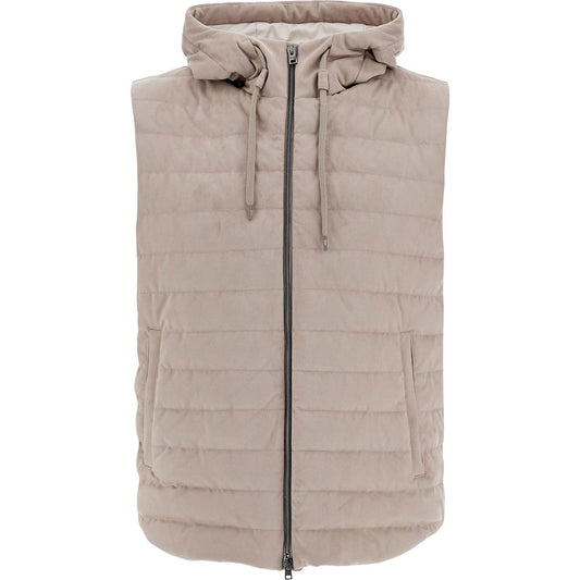 HERNO sleeveless down jacket in dove gray polyester with quilted hood