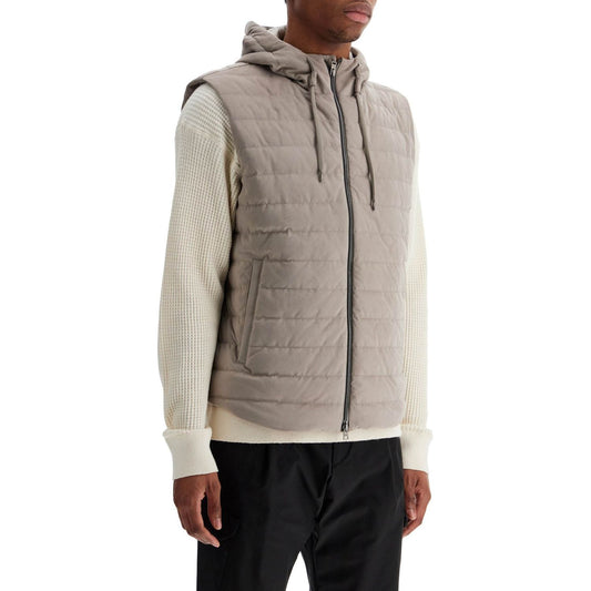 HERNO sleeveless down jacket in dove gray polyester with quilted hood