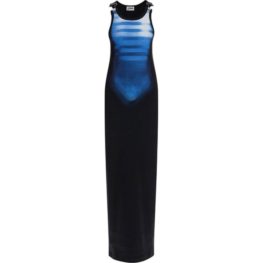 JEAN PAUL GAULTIER long fitted sleeveless dress in black and blue ribbed cotton