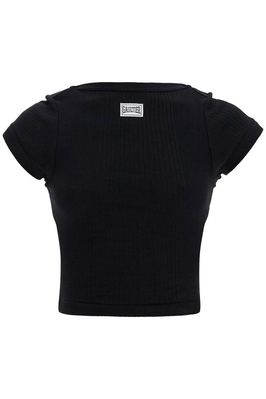 JEAN PAUL GAULTIER black cropped cotton ribbed t-shirt with logo Topwear JEAN PAUL GAULTIER